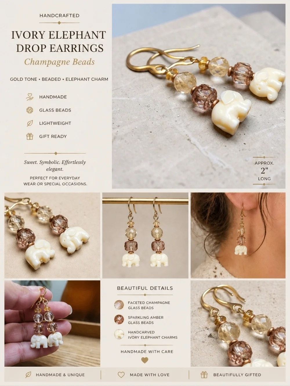 Handcrafted Ivory Elephant Drop Earrings with Champagne Beads Gold Tone Earhooks